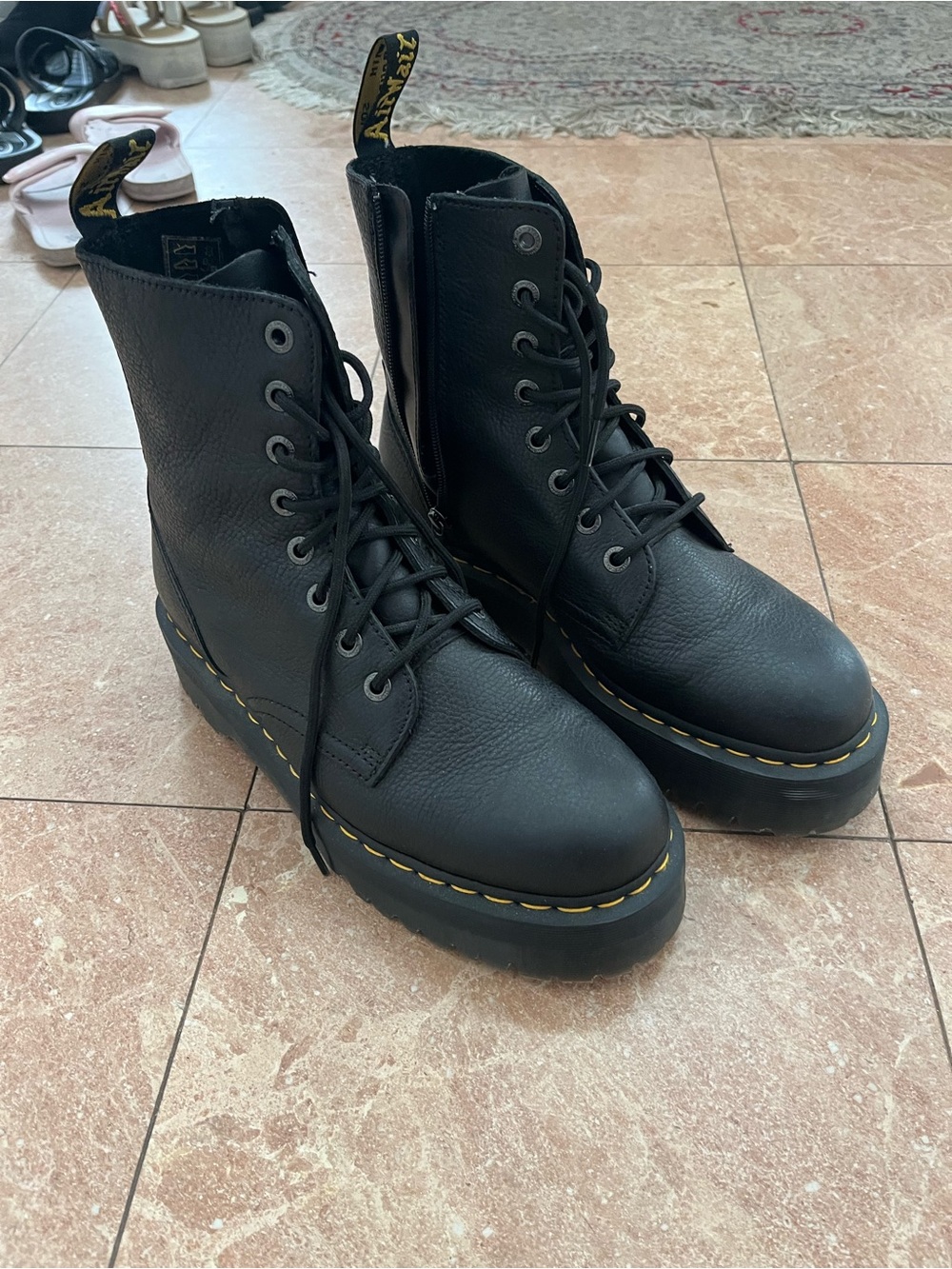 Dr. Martens Jadon Pisa Soft Leather Platform Lace-Up Boots with Yellow Stitching
